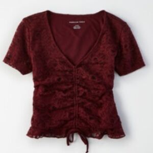 American Eagle Cinch Front Lace T-Shirt Crop Top Burgundy Maroon V Neck